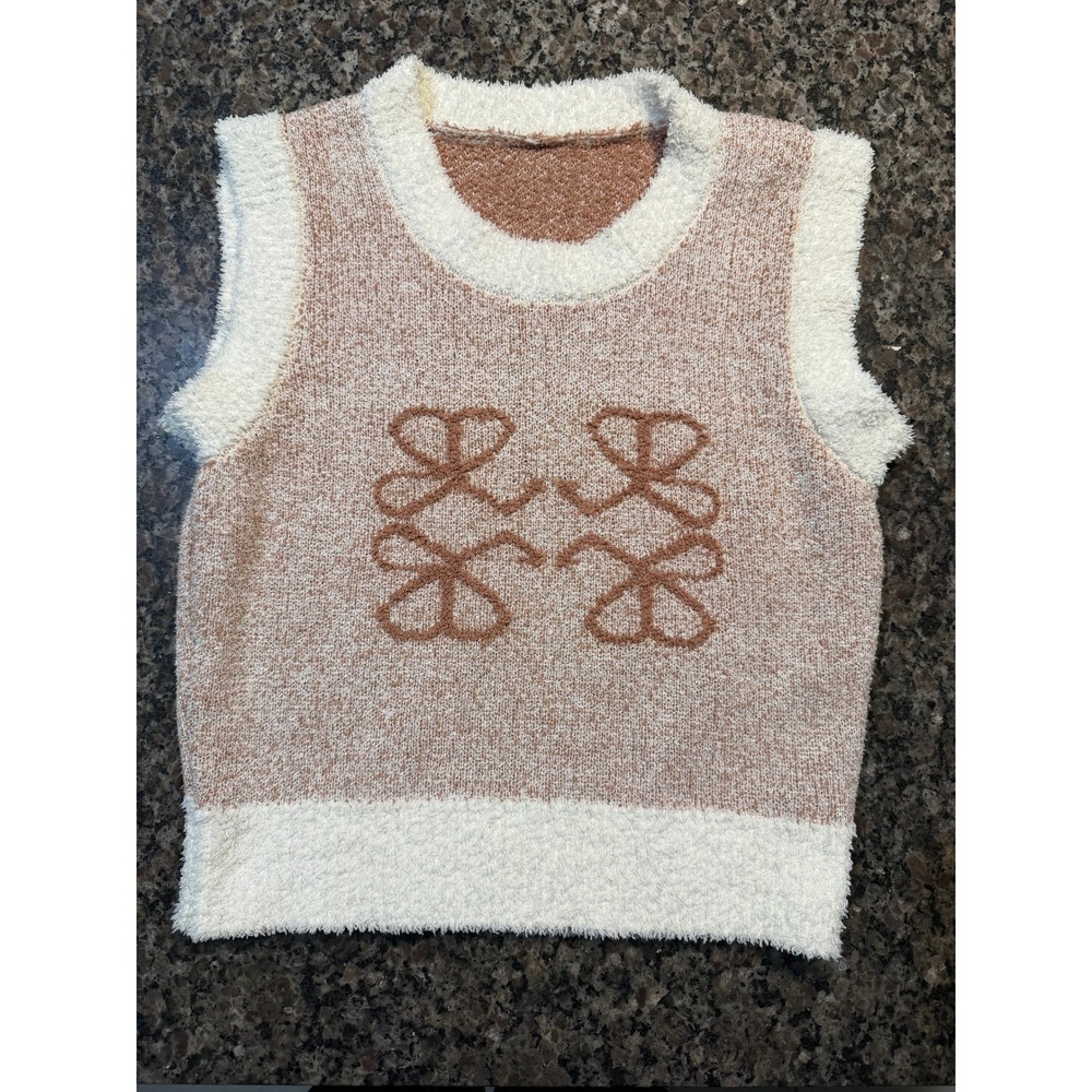 Fuzzy Knit Bow Graphic‎ Sweater Vest Sleeveless Crew Neck Pink White Size M